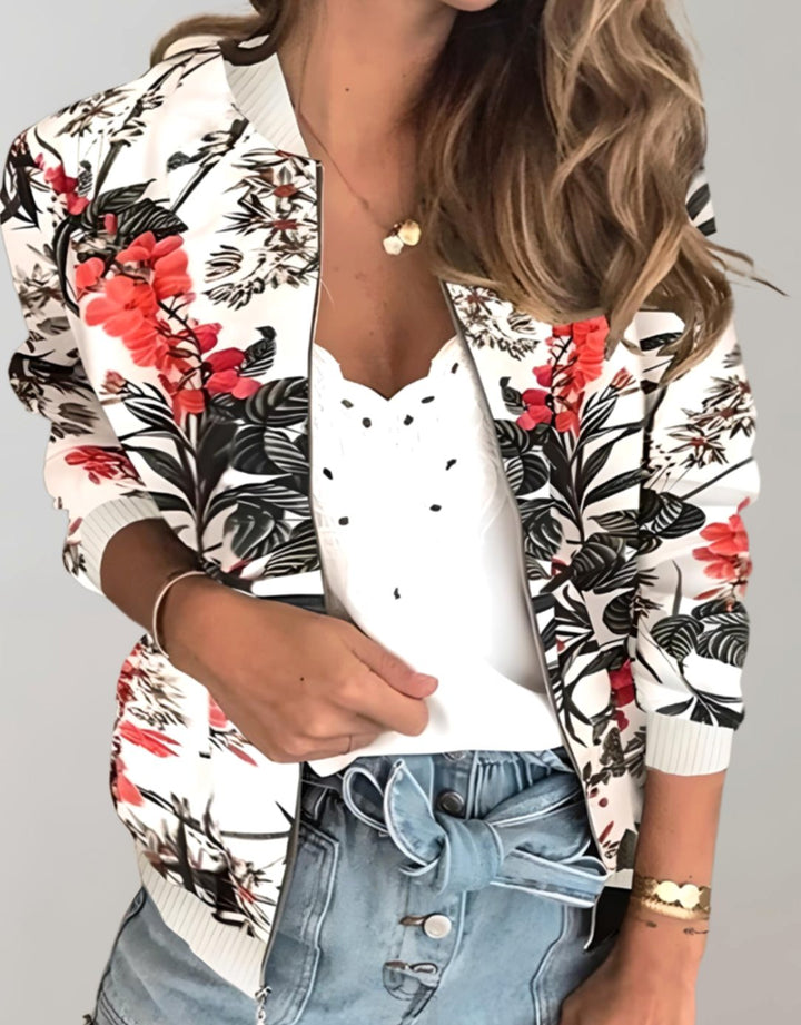 Women's Floral Print Zip-Up Bomber Jacket Ribbed Cuffs - White 2