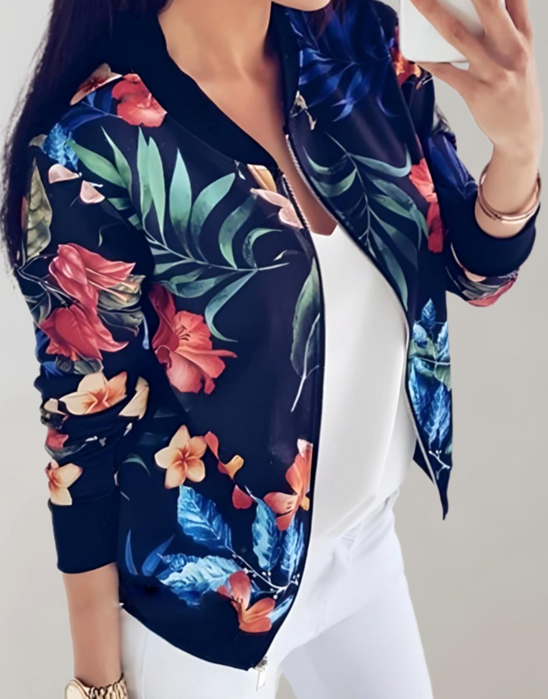Women's Floral Print Zip-Up Bomber Jacket Ribbed Cuffs - Blue
