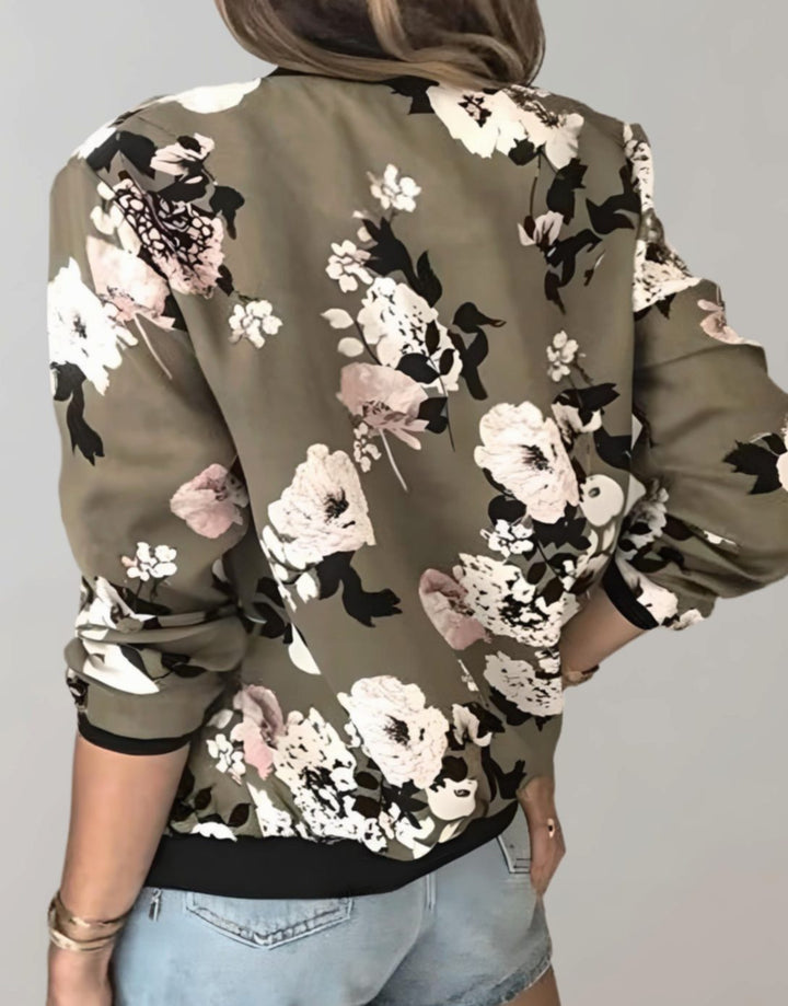 Women's Floral Print Zip-Up Bomber Jacket Ribbed Cuffs