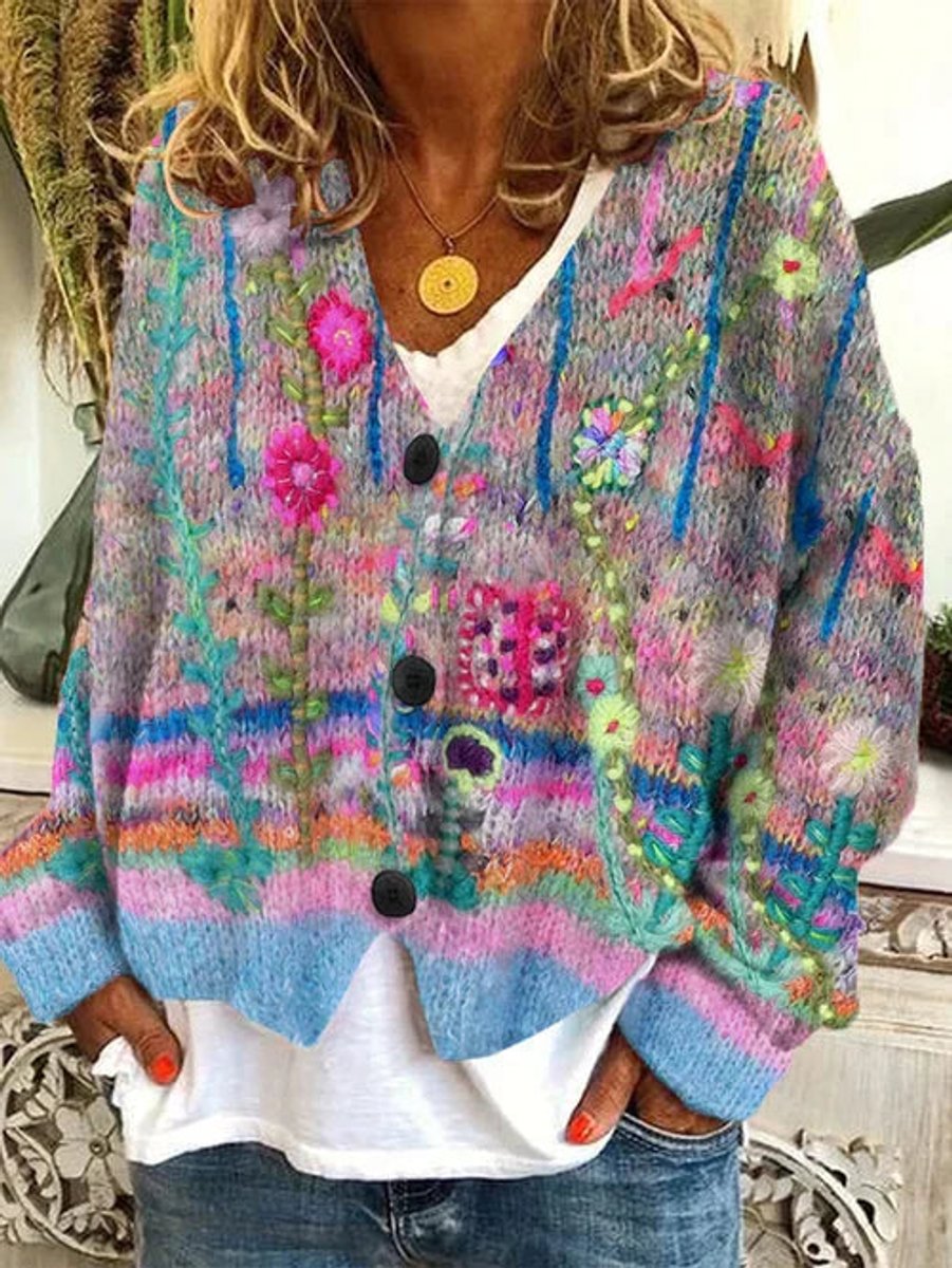 Women's Floral Printed Button-Front Boho Cardigan Sweater - Gray