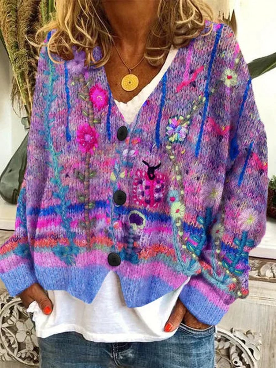 Women's Floral Printed Button-Front Boho Cardigan Sweater
