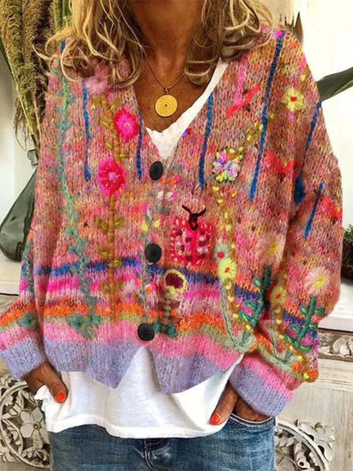 Women's Floral Printed Button-Front Boho Cardigan Sweater - Orange