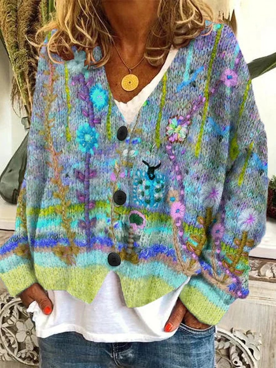 Women's Floral Printed Button-Front Boho Cardigan Sweater - Blue