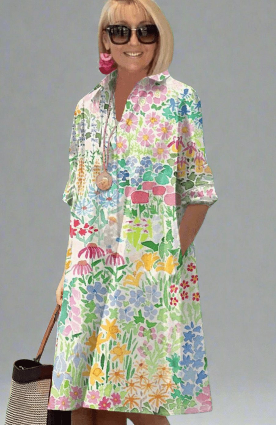 Women's Floral Printed Shirt-Style Oversized Dress - Multicolored Floral