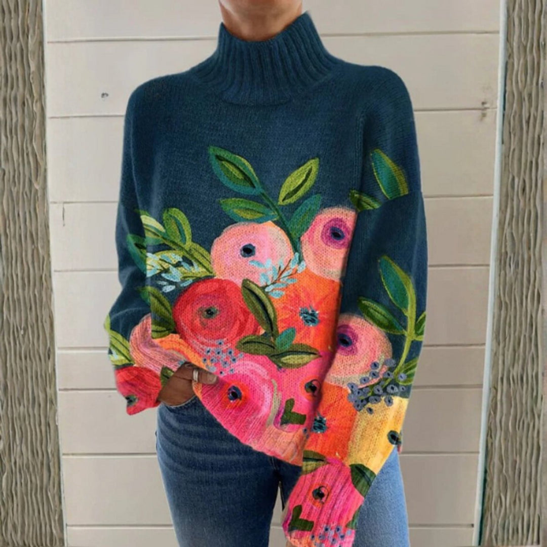 Women's Floral Relaxed-Fit Ribbed Turtleneck Sweater - Multicolor