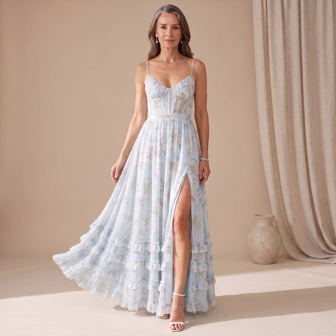 Women's Floral Ruffle-Hem Corset A-Line Maxi Dress