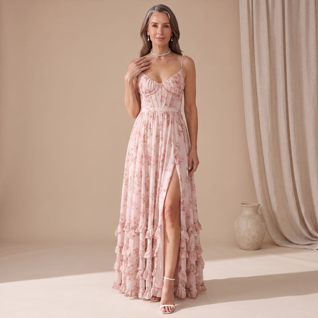 Women's Floral Ruffle-Hem Corset A-Line Maxi Dress - Pink