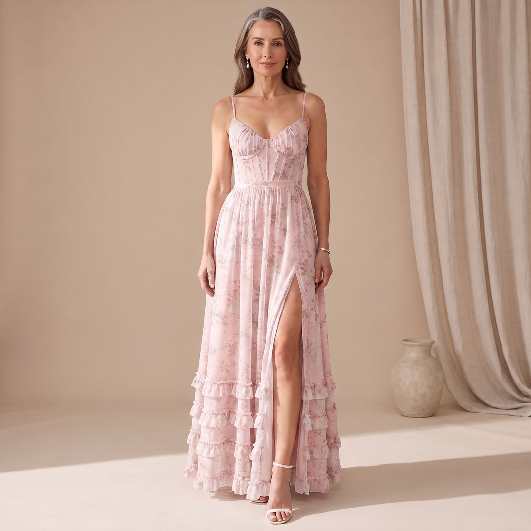 Women's Floral Ruffle-Hem Corset A-Line Maxi Dress