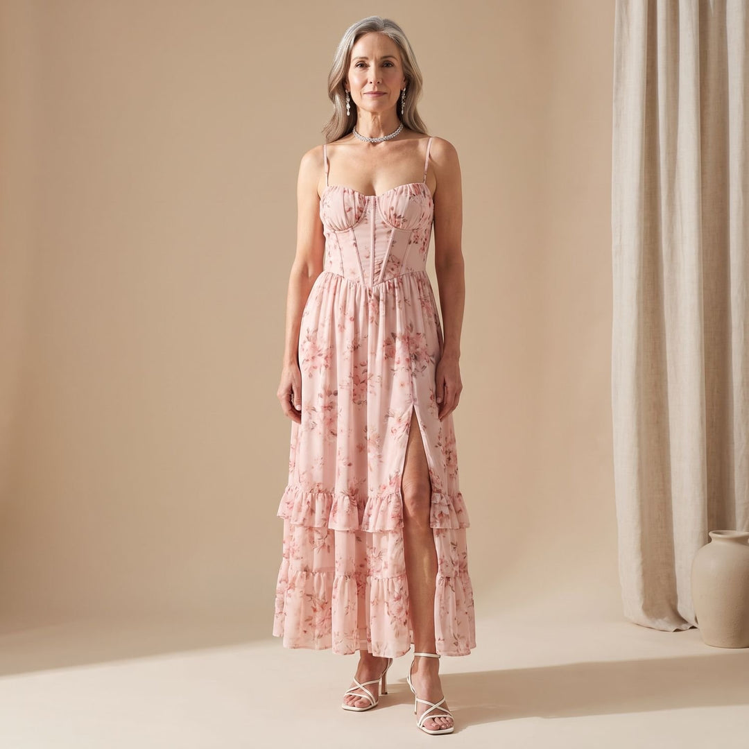 Women's Floral Ruffle-Hem Corset A-Line Maxi Dress
