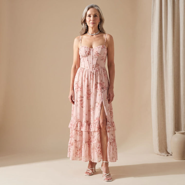 Women's Floral Ruffle-Hem Corset A-Line Maxi Dress