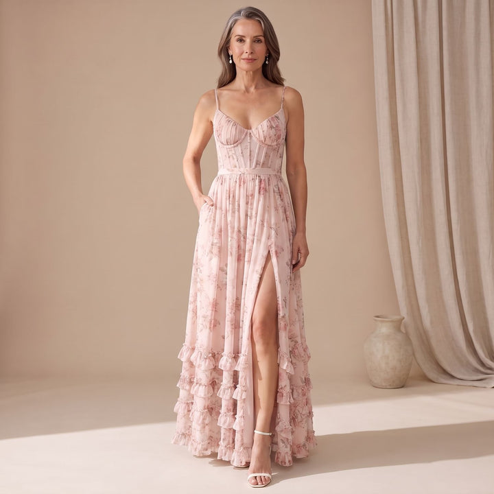 Women's Floral Ruffle-Hem Corset A-Line Maxi Dress