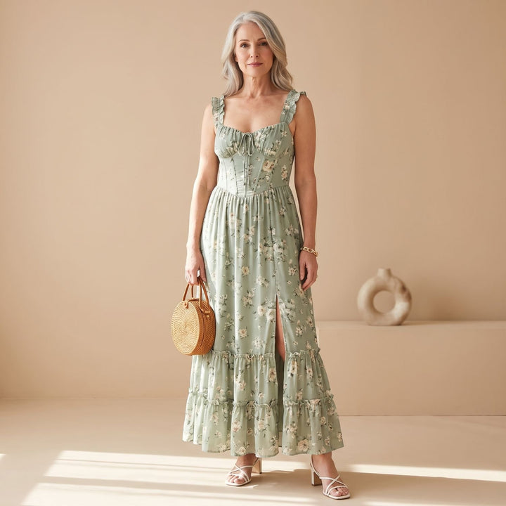 Women's Floral Ruffle-Hem Corset A-Line Maxi Dress - Sage Green
