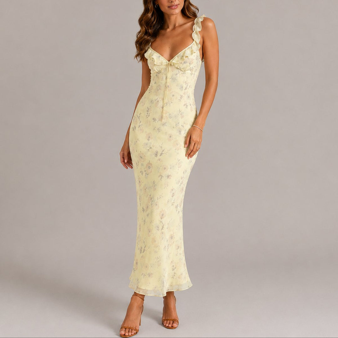 Women's Floral Ruffle Strap Fitted Fall Wedding Guest Maxi Dress - Yellow
