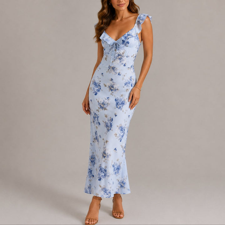 Women's Floral Ruffle Strap Fitted Fall Wedding Guest Maxi Dress - Blue