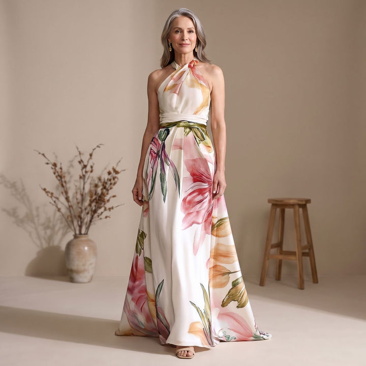 Women's Floral Satin One-Shoulder A-Line Maxi Dress