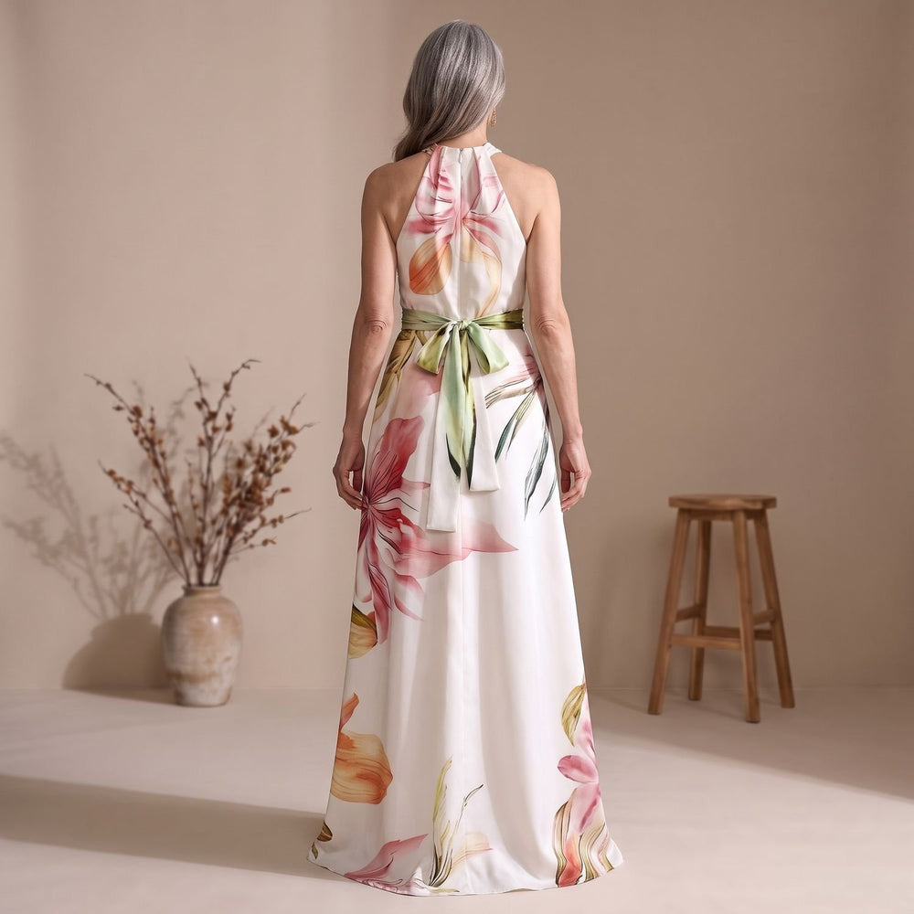 Women's Floral Satin One-Shoulder A-Line Maxi Dress