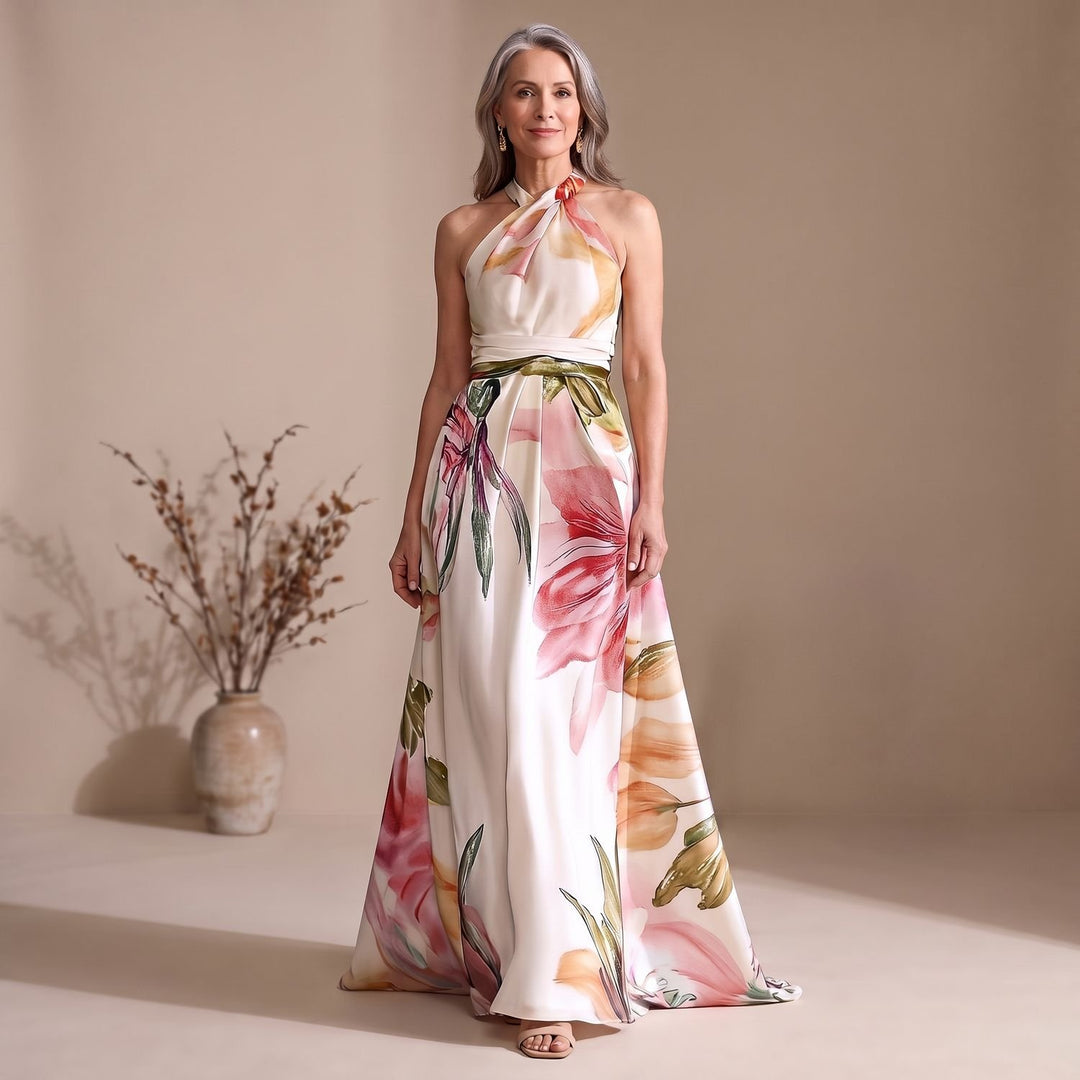 Women's Floral Satin One-Shoulder A-Line Maxi Dress
