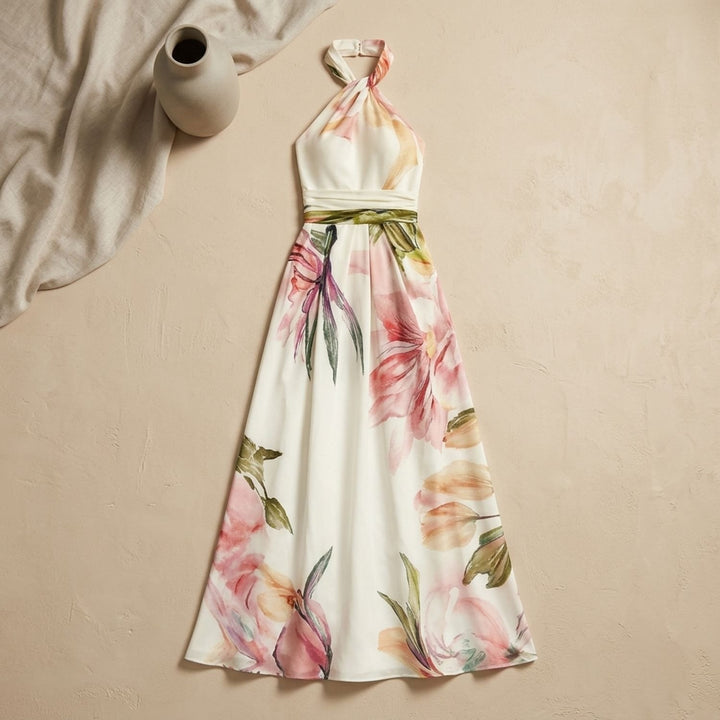 Women's Floral Satin One-Shoulder A-Line Maxi Dress - Pink