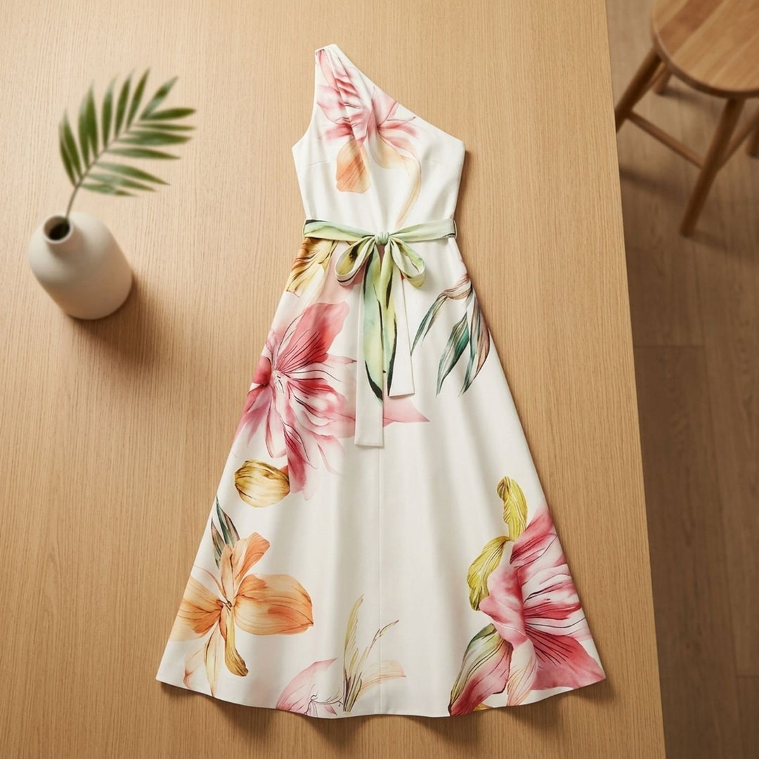 Women's Floral Satin One-Shoulder A-Line Maxi Dress