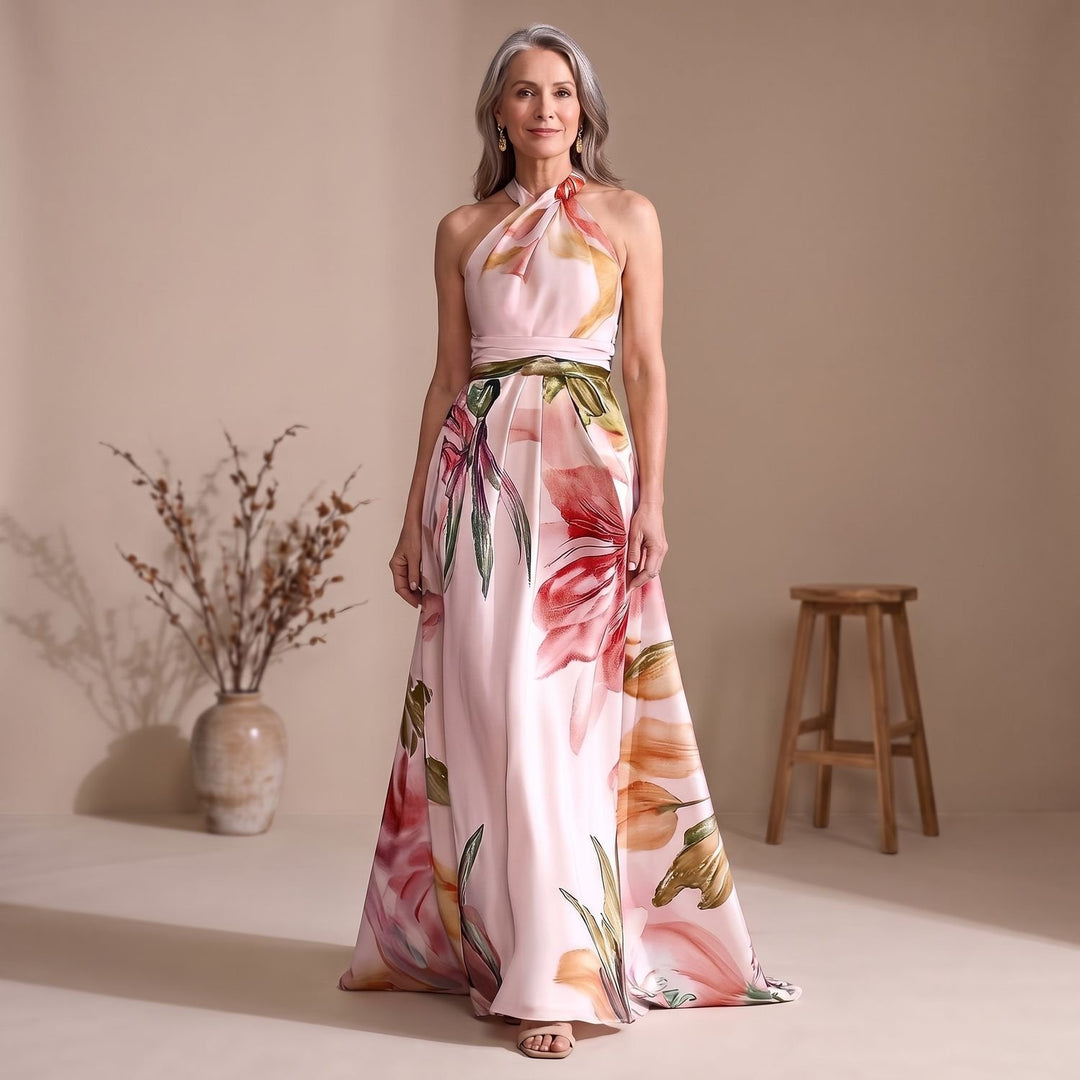 Women's Floral Satin One-Shoulder A-Line Maxi Dress