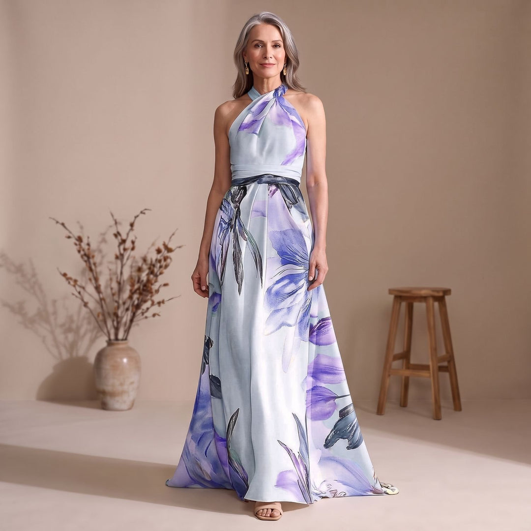 Women's Floral Satin One-Shoulder A-Line Maxi Dress