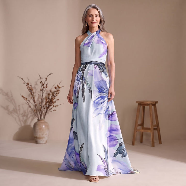 Women's Floral Satin One-Shoulder A-Line Maxi Dress