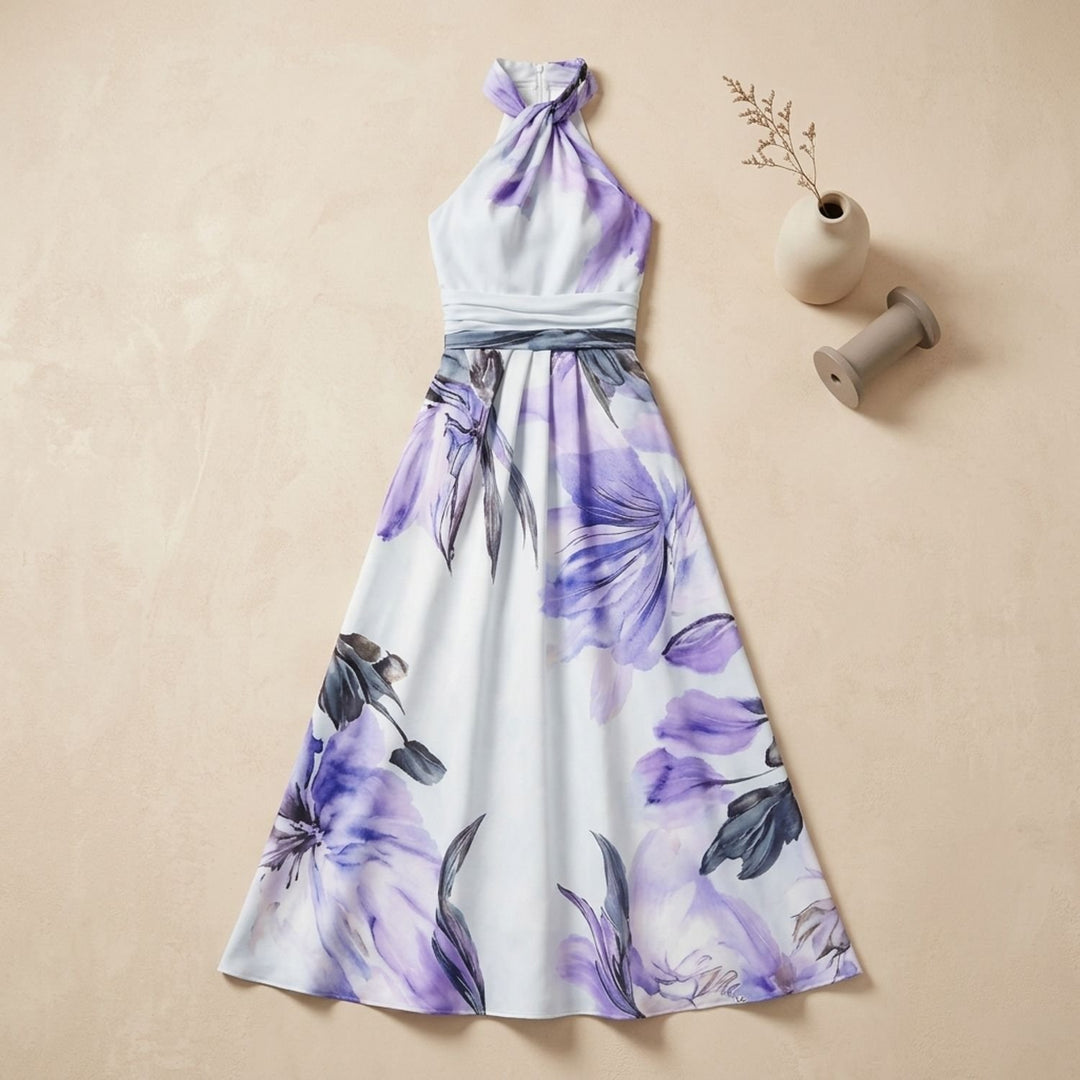 Women's Floral Satin One-Shoulder A-Line Maxi Dress - Light Blue