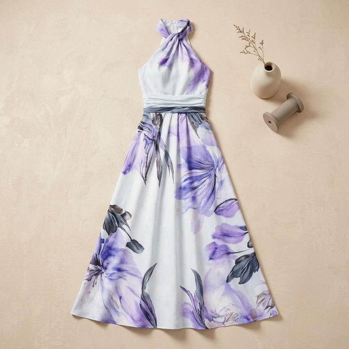 Women's Floral Satin One-Shoulder A-Line Maxi Dress - Light Blue