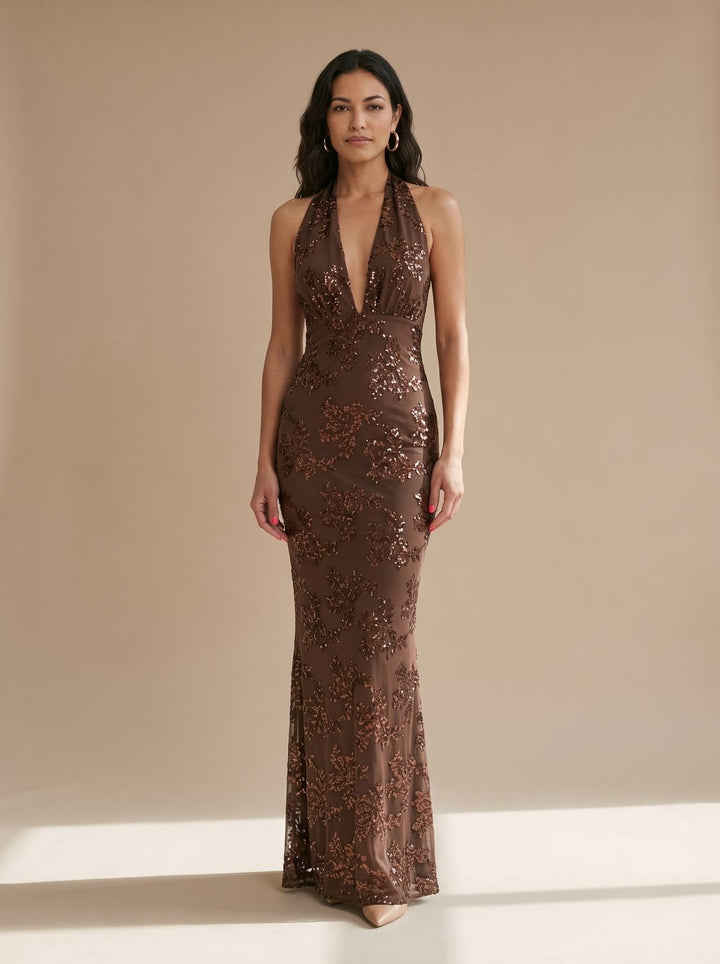 Women's Floral Sequin Halter-Neck Fitted Maxi Dress - Brown