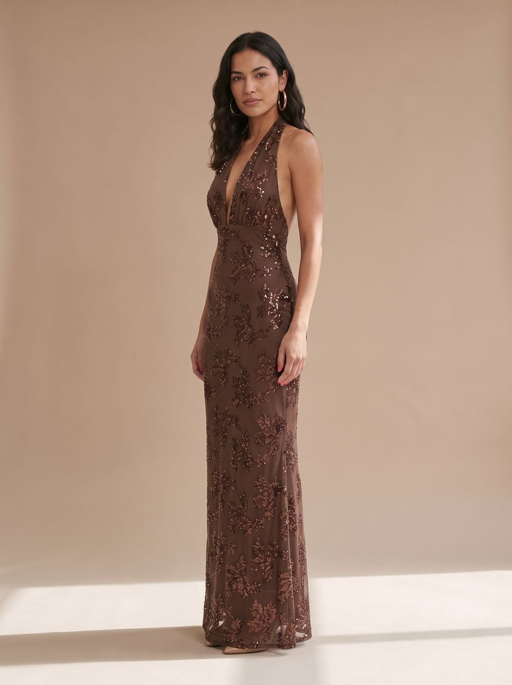 Women's Floral Sequin Halter-Neck Fitted Maxi Dress