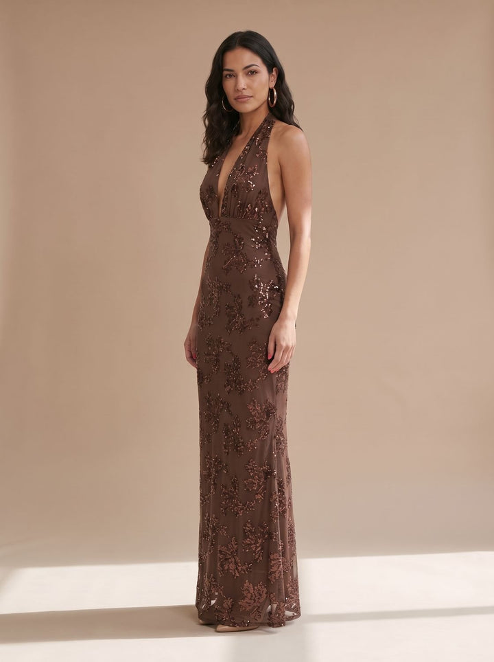 Women's Floral Sequin Halter-Neck Fitted Maxi Dress