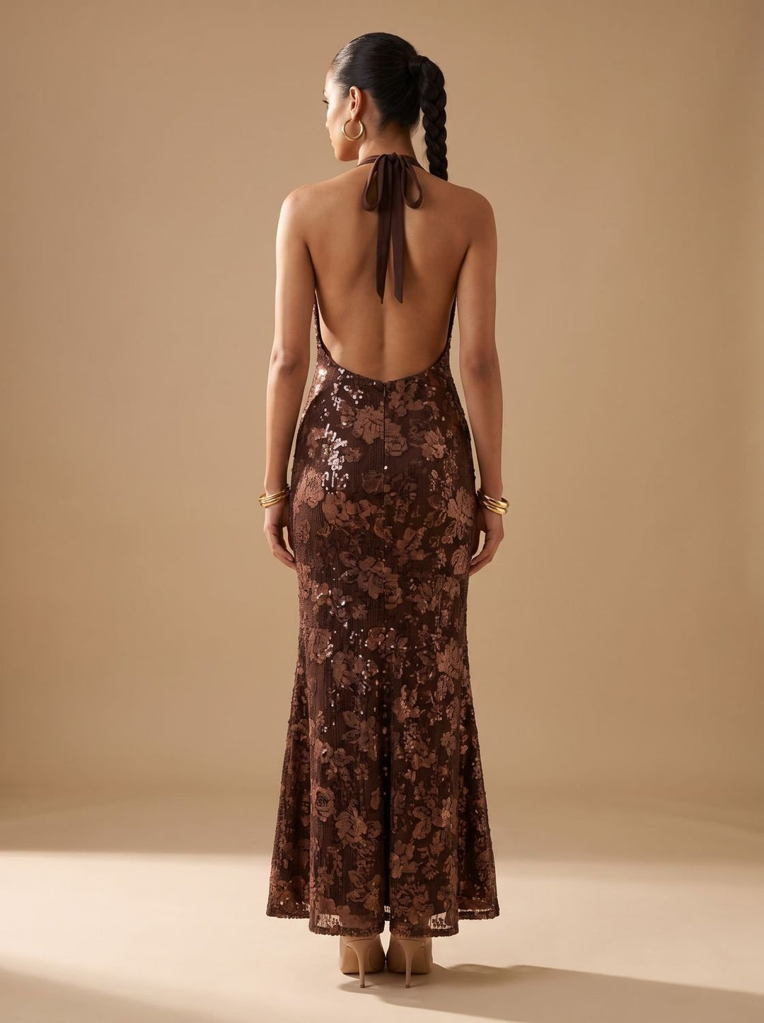 Women's Floral Sequin Halter-Neck Fitted Maxi Dress