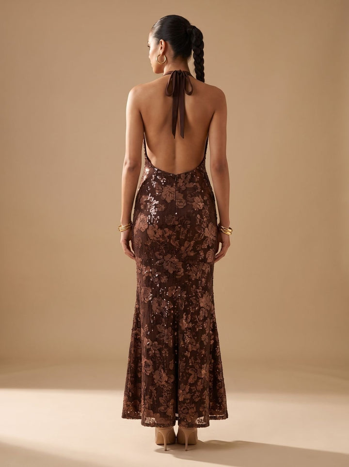 Women's Floral Sequin Halter-Neck Fitted Maxi Dress