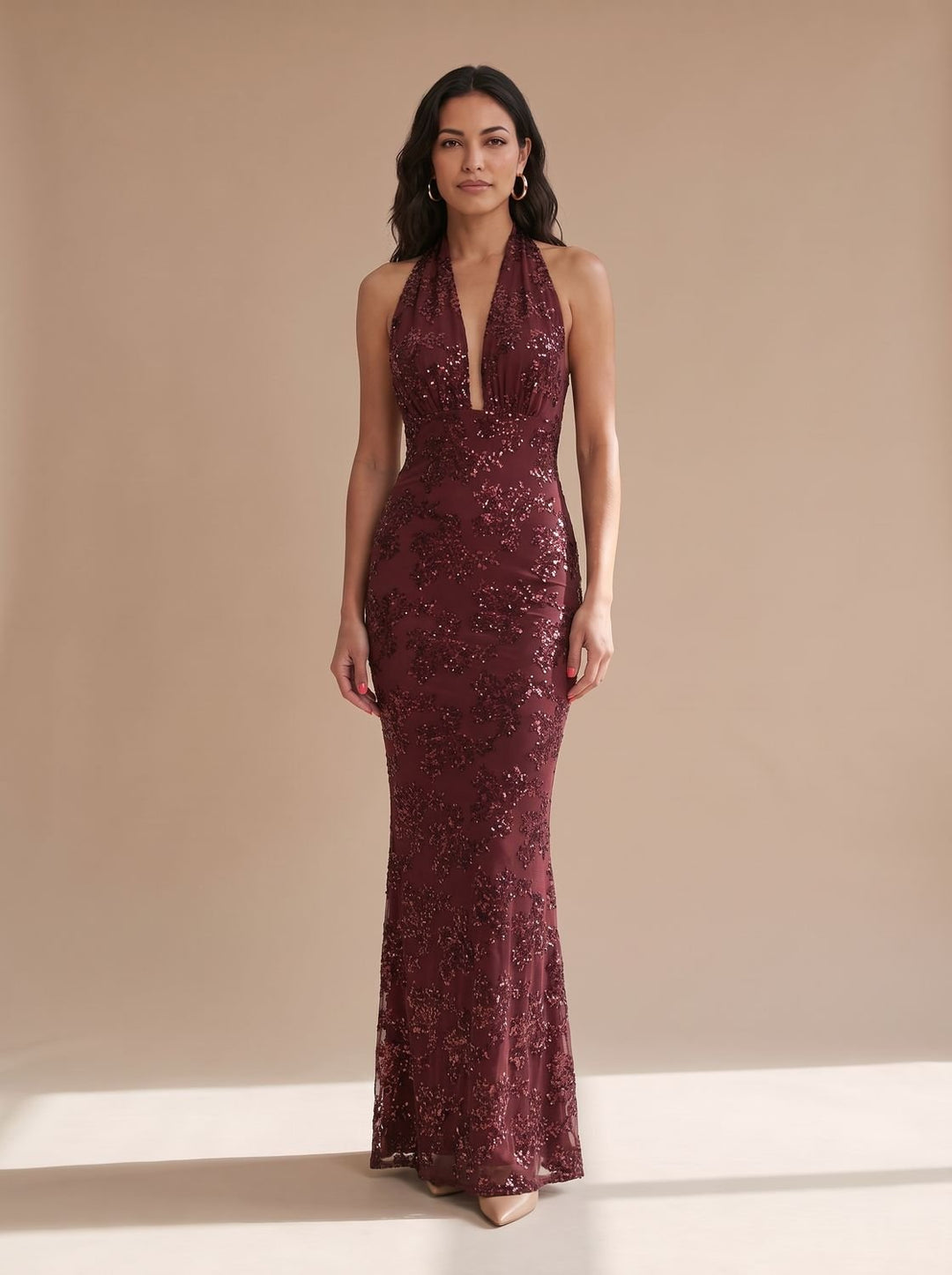 Women's Floral Sequin Halter-Neck Fitted Maxi Dress - Red