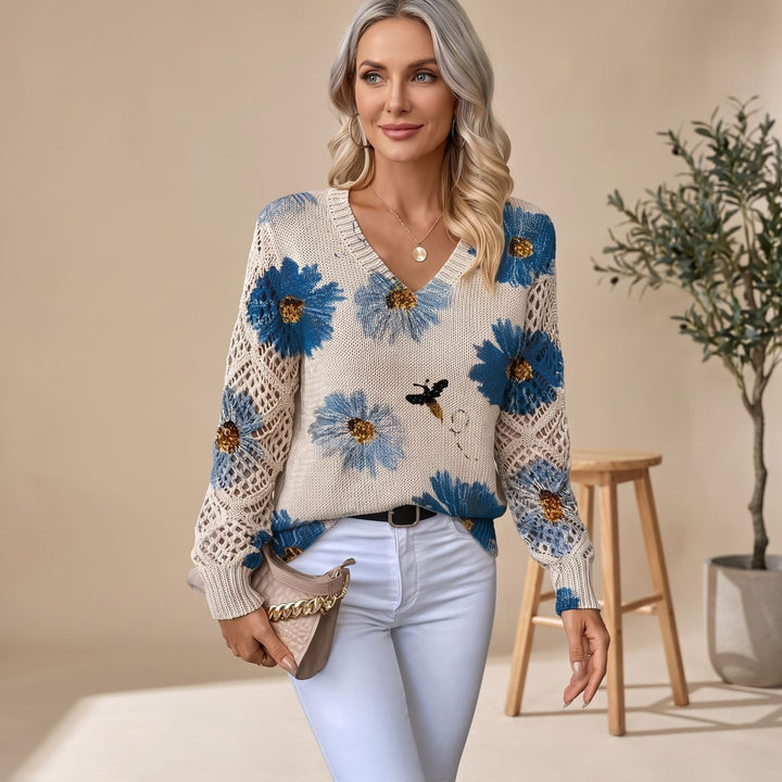 Women's Floral V-Neck Knit Pullover Sweater - Blue