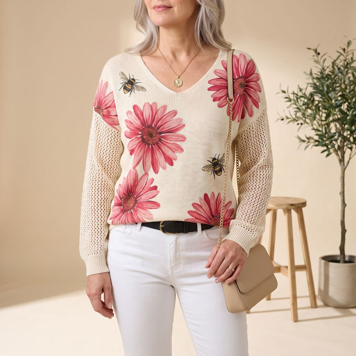 Women's Floral V-Neck Knit Pullover Sweater - Red