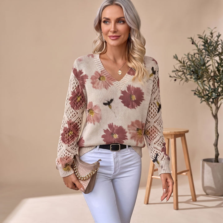 Women's Floral V-Neck Knit Pullover Sweater