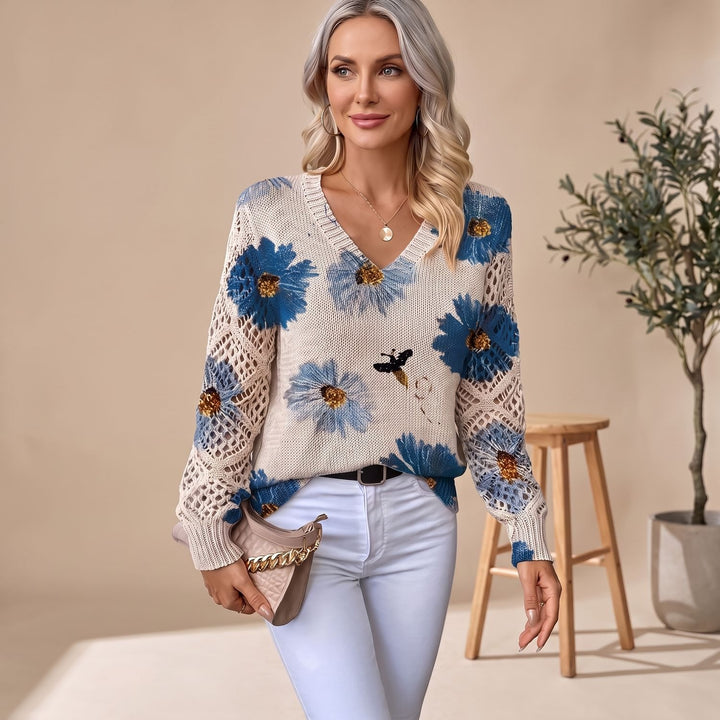 Women's Floral V-Neck Knit Pullover Sweater