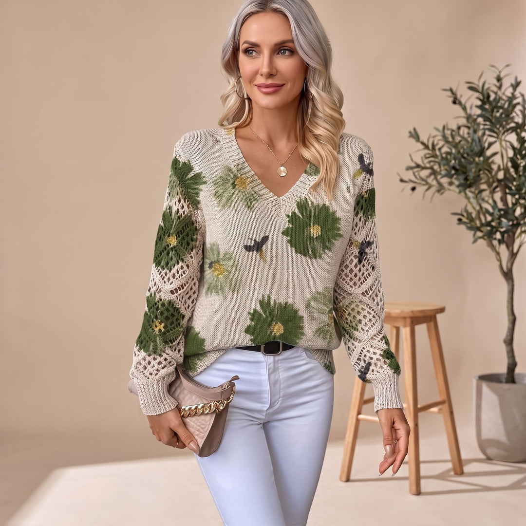Women's Floral V-Neck Knit Pullover Sweater