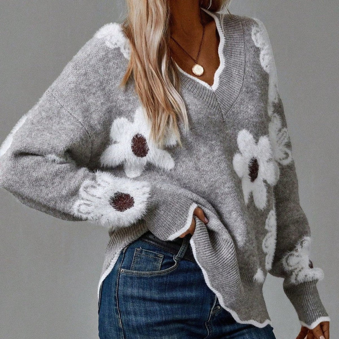 Women's Floral V-Neck Long-Sleeve Knit Sweater - Gray