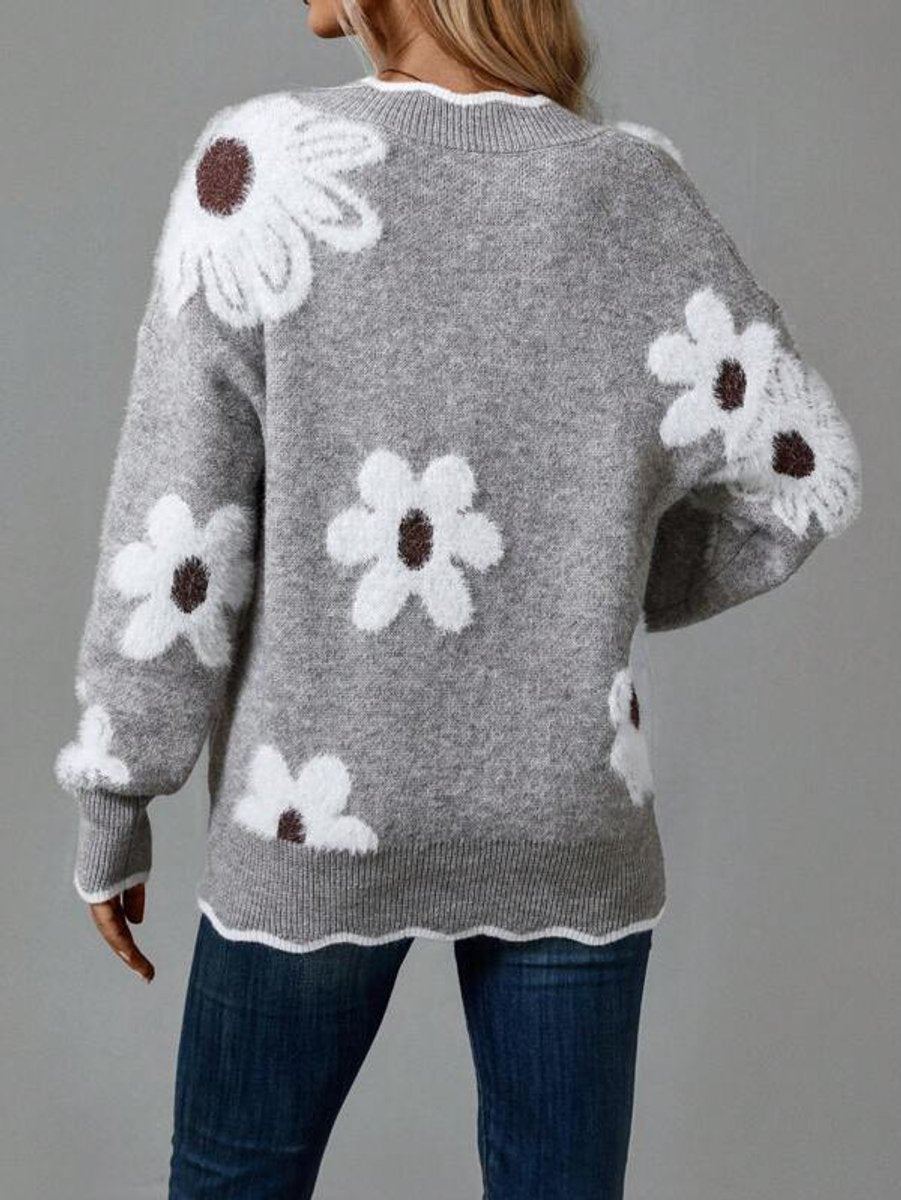 Women's Floral V-Neck Long-Sleeve Knit Sweater