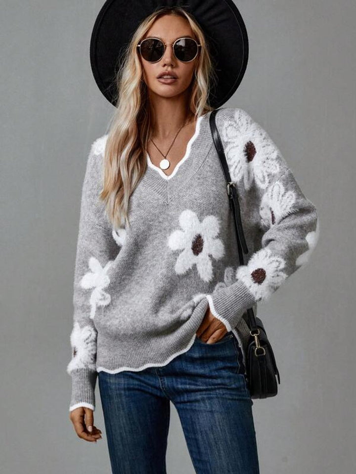 Women's Floral V-Neck Long-Sleeve Knit Sweater