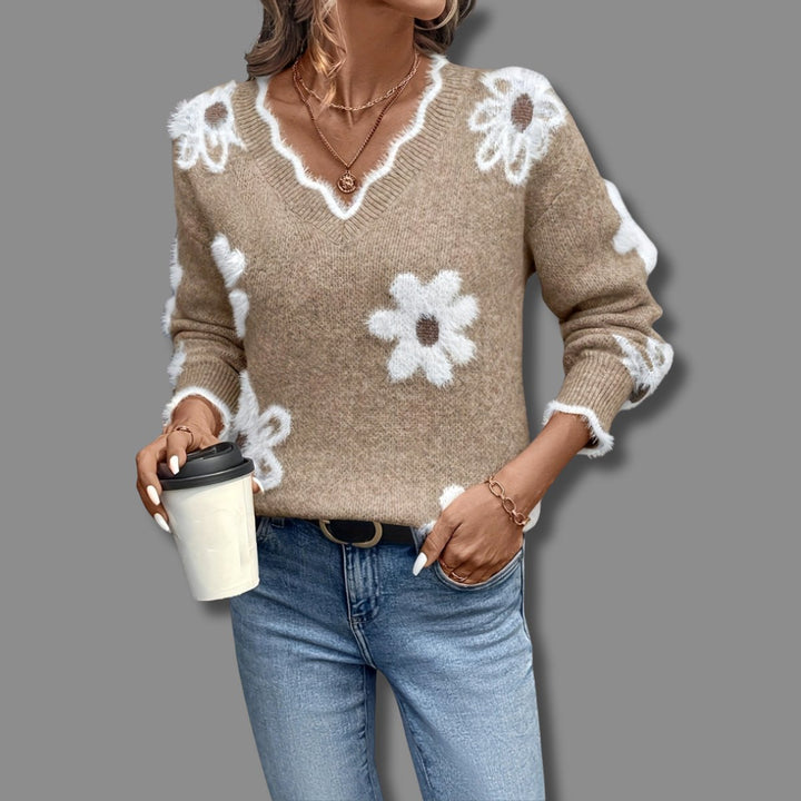 Women's Floral V-Neck Long-Sleeve Knit Sweater - Khaki