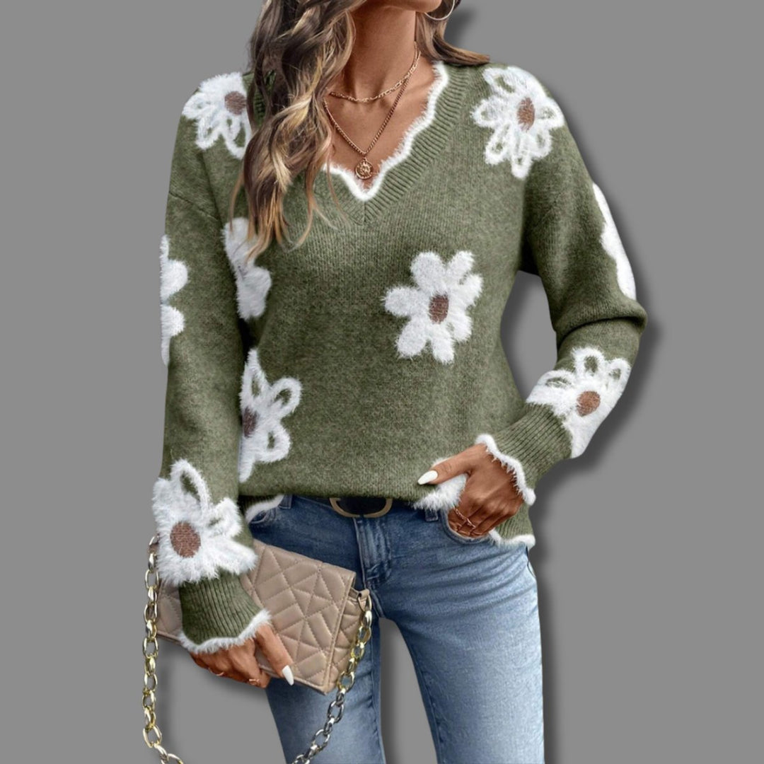 Women's Floral V-Neck Long-Sleeve Knit Sweater - Green