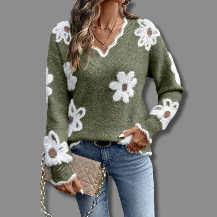 Women's Floral V-Neck Long-Sleeve Knit Sweater - Green