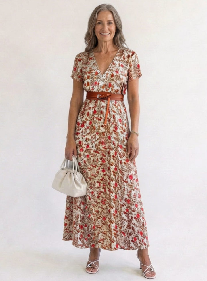 Women's Floral V-Neck Midi Dress Short Sleeve A-Line - Red