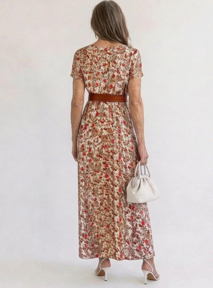 Women's Floral V-Neck Midi Dress Short Sleeve A-Line