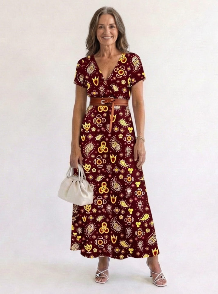 Women's Floral V-Neck Midi Dress Short Sleeve A-Line - Burgundy