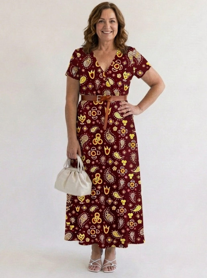 Women's Floral V-Neck Midi Dress Short Sleeve A-Line