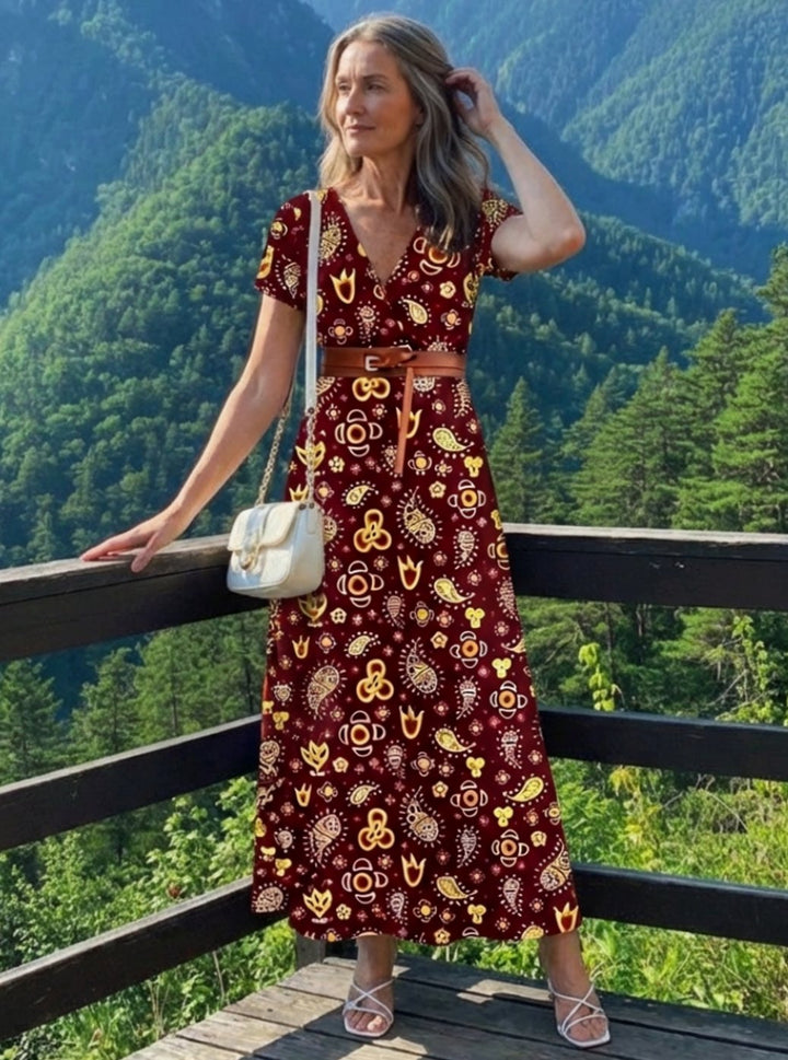 Women's Floral V-Neck Midi Dress Short Sleeve A-Line